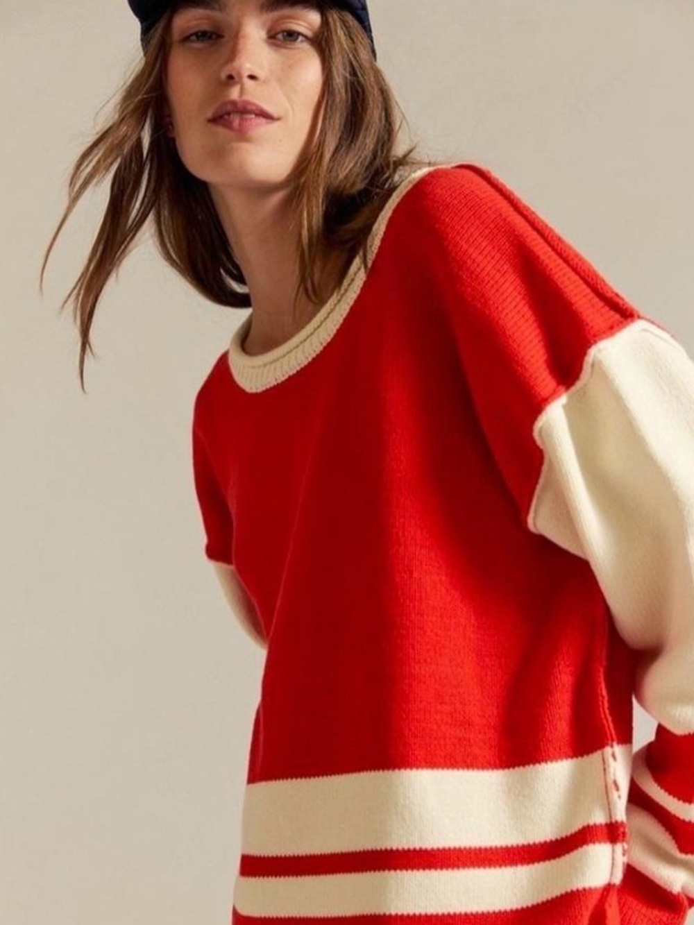 We The Free Orange and White Cotton Colorblock Crew Sweater